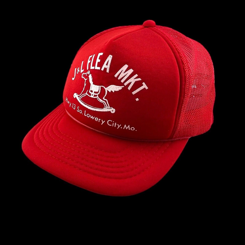Truckers Cap Red Young "J & L Flea Market" w/Rocking Horse, Adjustable, Vintage